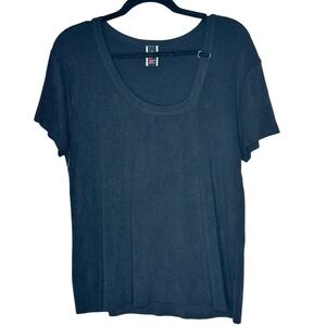 Knits Landing VTG Black Ribbed‎ Knit Top 2X Short Sleeve Unique Neckline Buckle